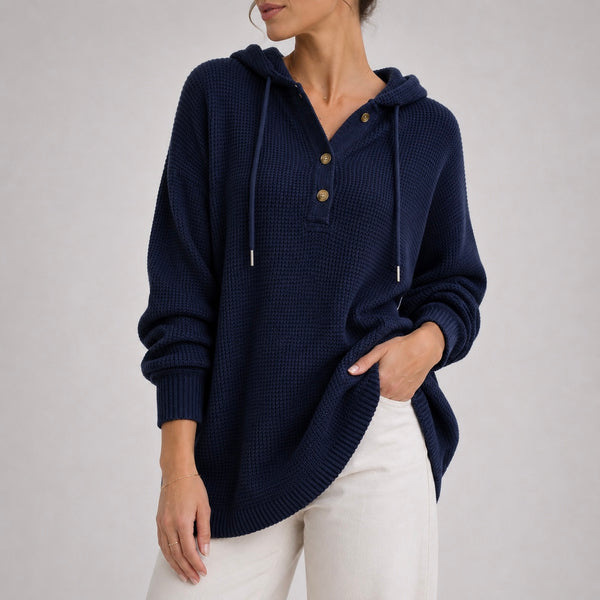 Women's Elara Waffle Button Knit Comfort Hoodie with Drawstrings