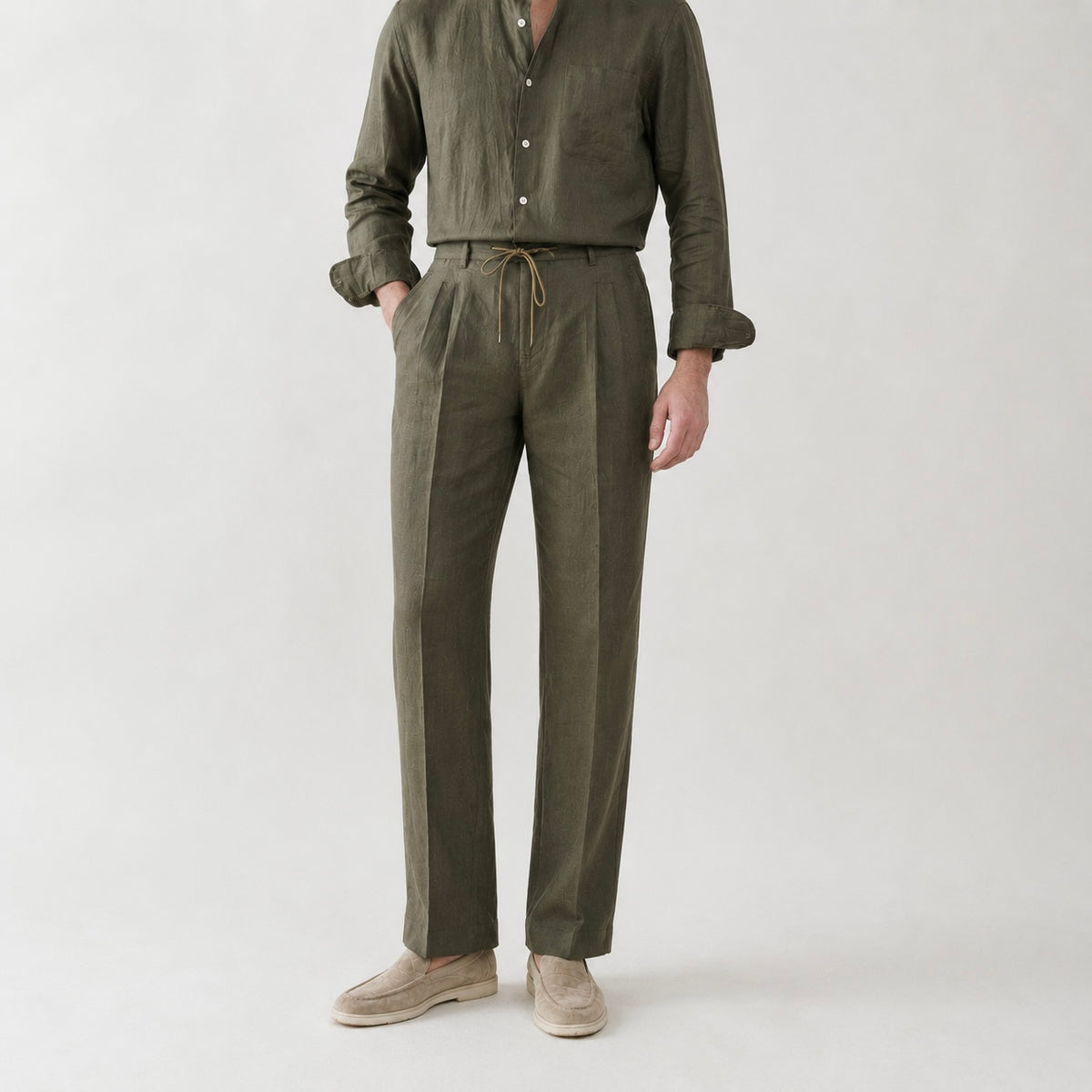 Men’s Dante Linen Pleated Straight Leg Drawstring Trousers