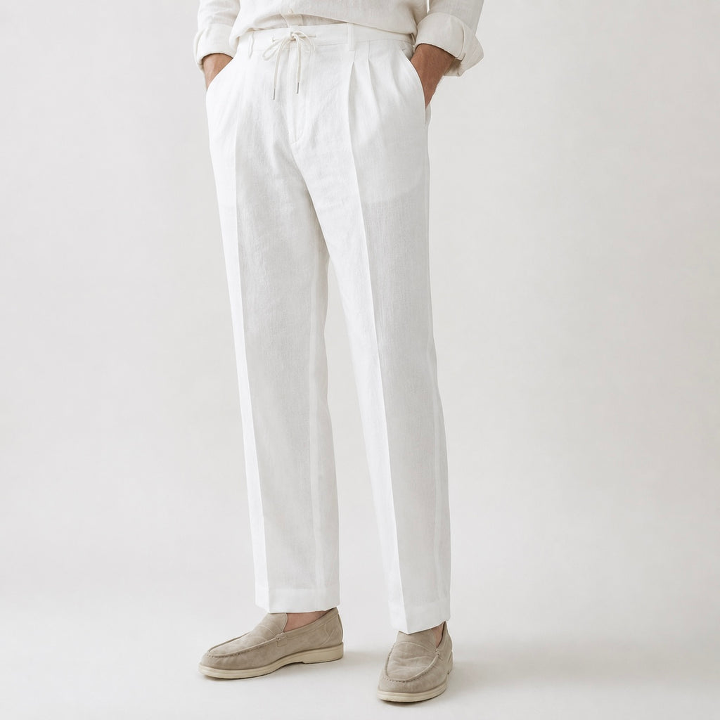 Men’s Dante Linen Pleated Straight Leg Drawstring Trousers