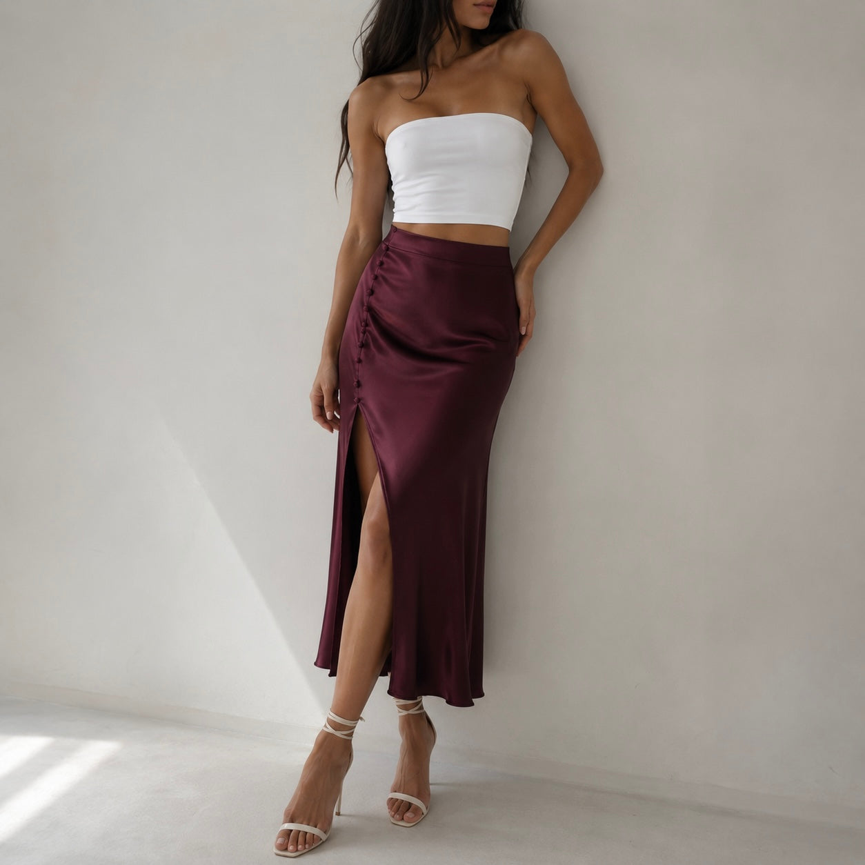 Women’s Vivienne Satin Side Button Midi Skirt