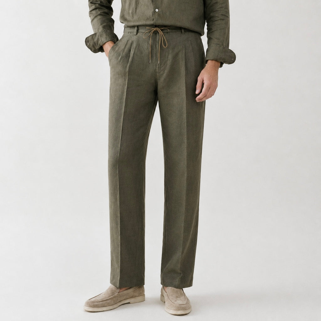 Men’s Dante Linen Pleated Straight Leg Drawstring Trousers