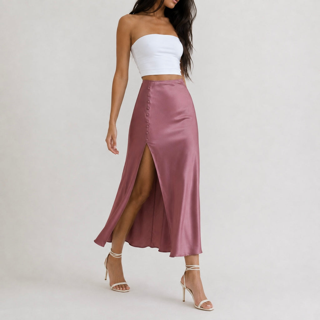 Women’s Vivienne Satin Side Button Midi Skirt