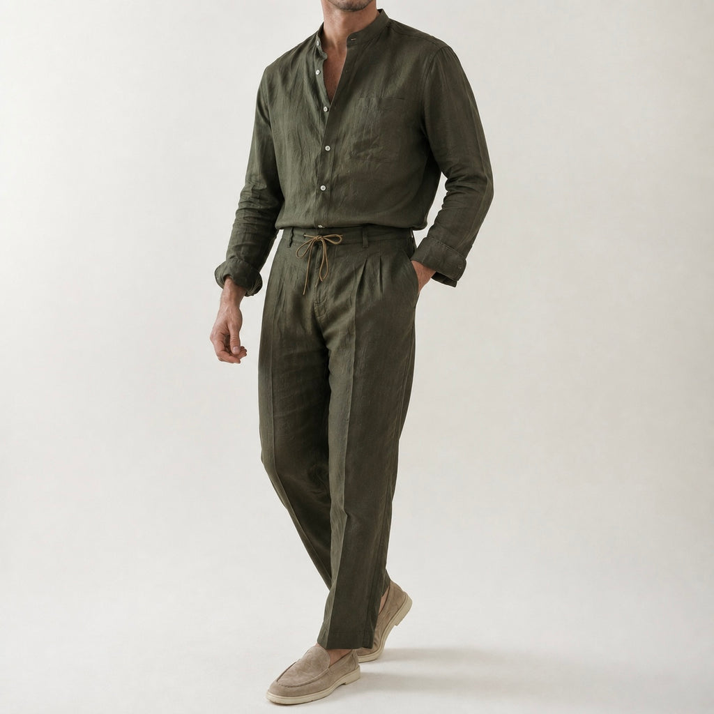 Men’s Dante Linen Pleated Straight Leg Drawstring Trousers
