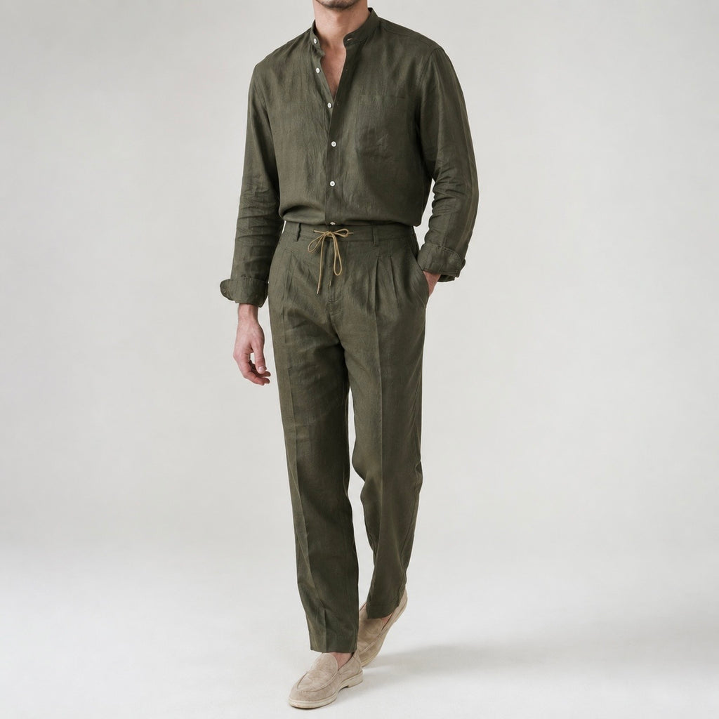 Men’s Dante Linen Pleated Straight Leg Drawstring Trousers