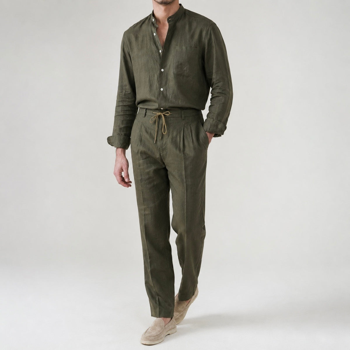 Men’s Dante Linen Pleated Straight Leg Drawstring Trousers