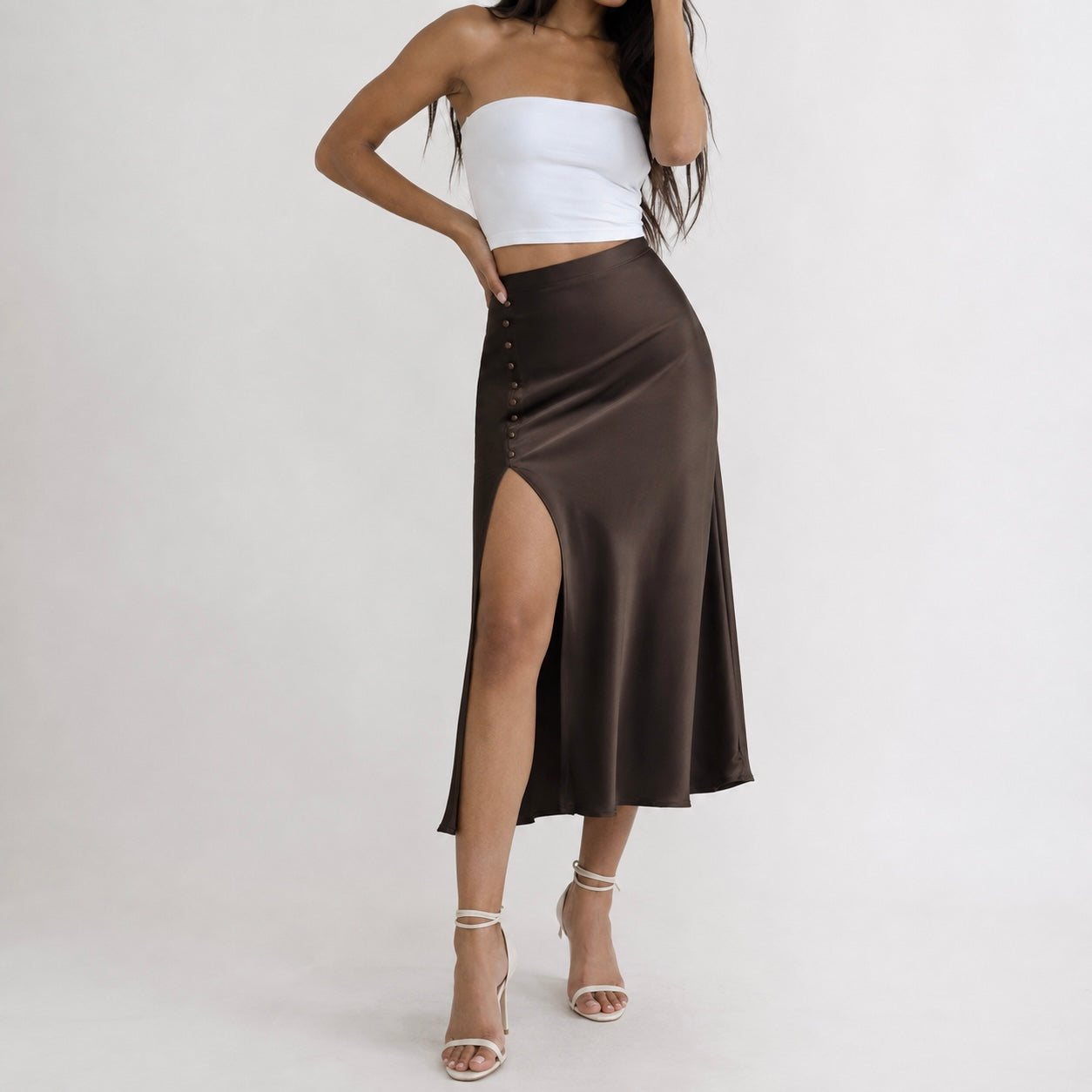 Women’s Vivienne Satin Side Button Midi Skirt