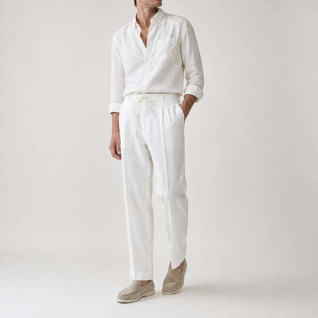 Men’s Dante Linen Pleated Straight Leg Drawstring Trousers