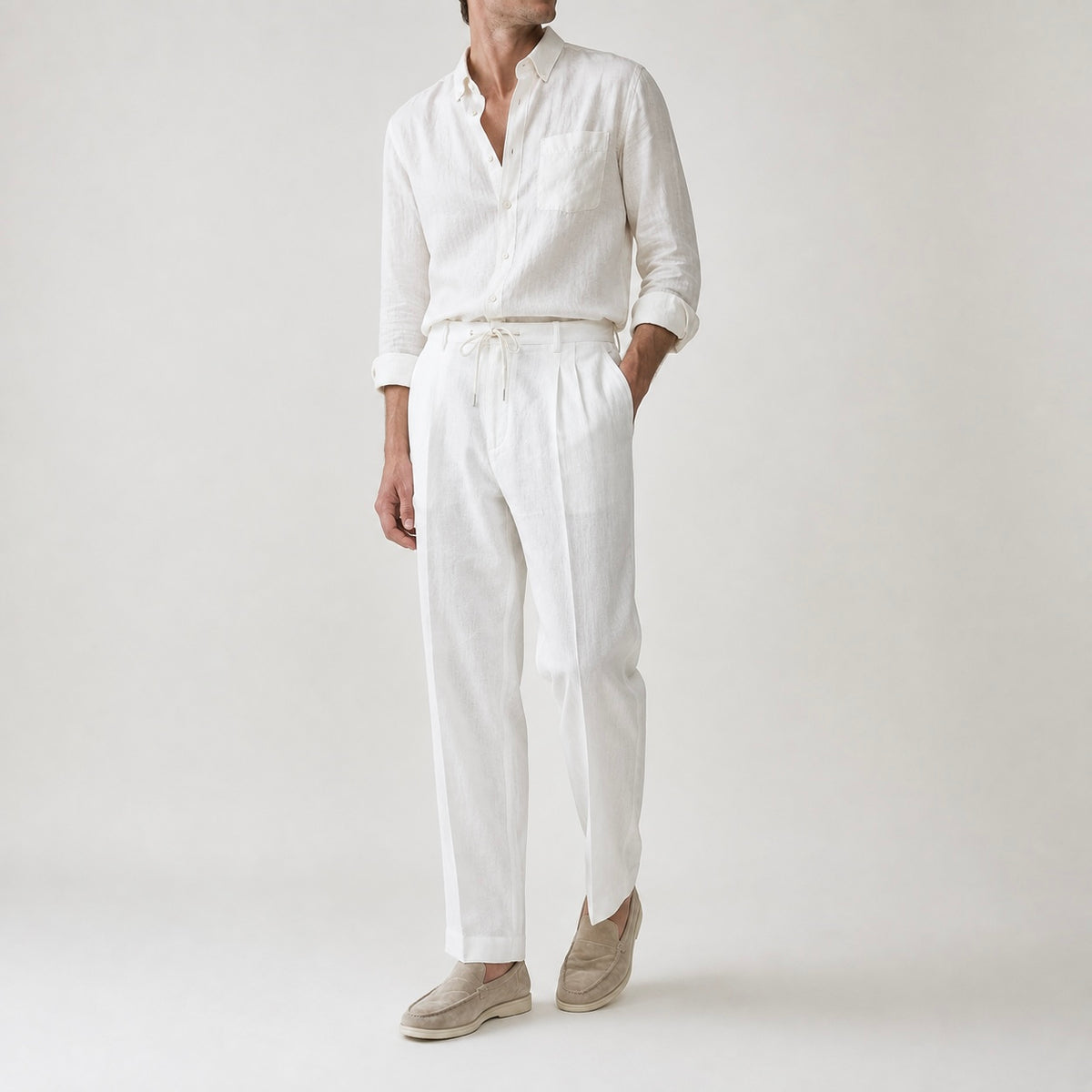 Men’s Dante Linen Pleated Straight Leg Drawstring Trousers