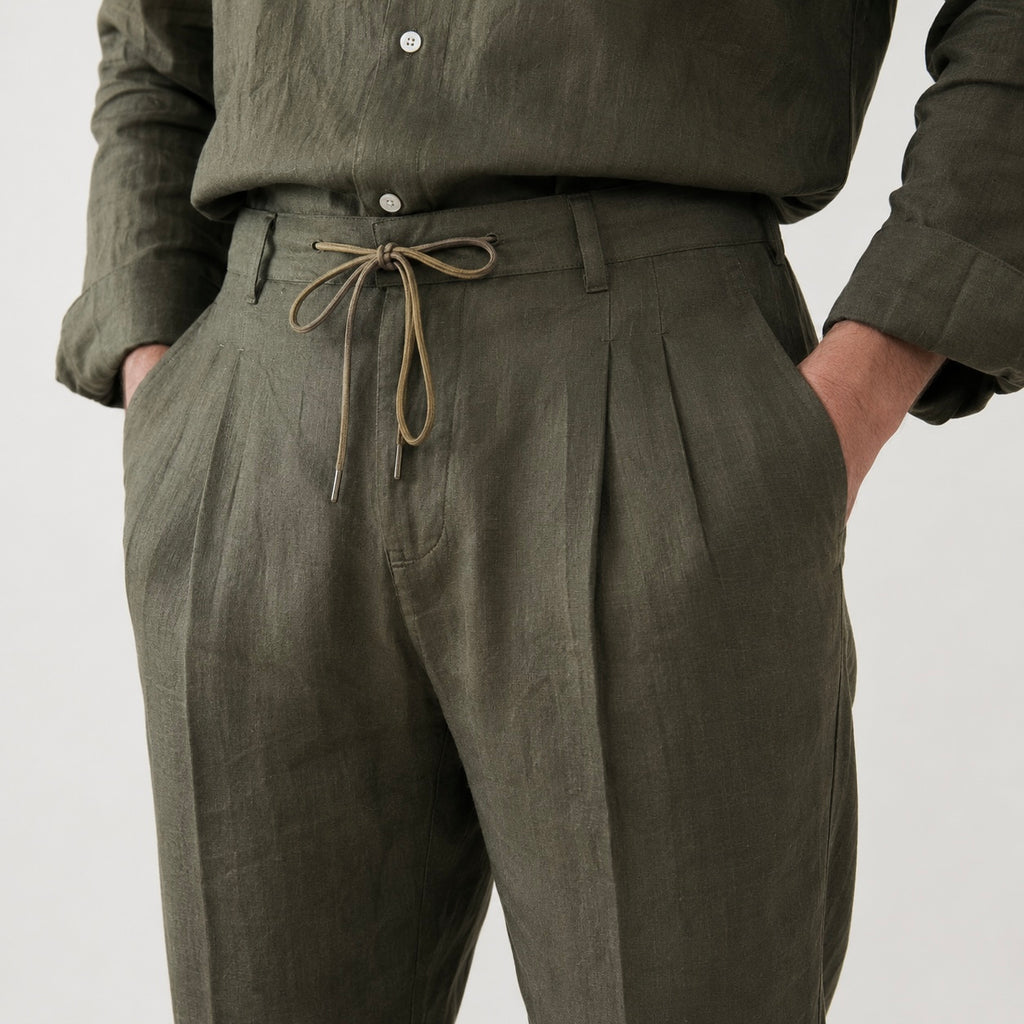 Men’s Dante Linen Pleated Straight Leg Drawstring Trousers