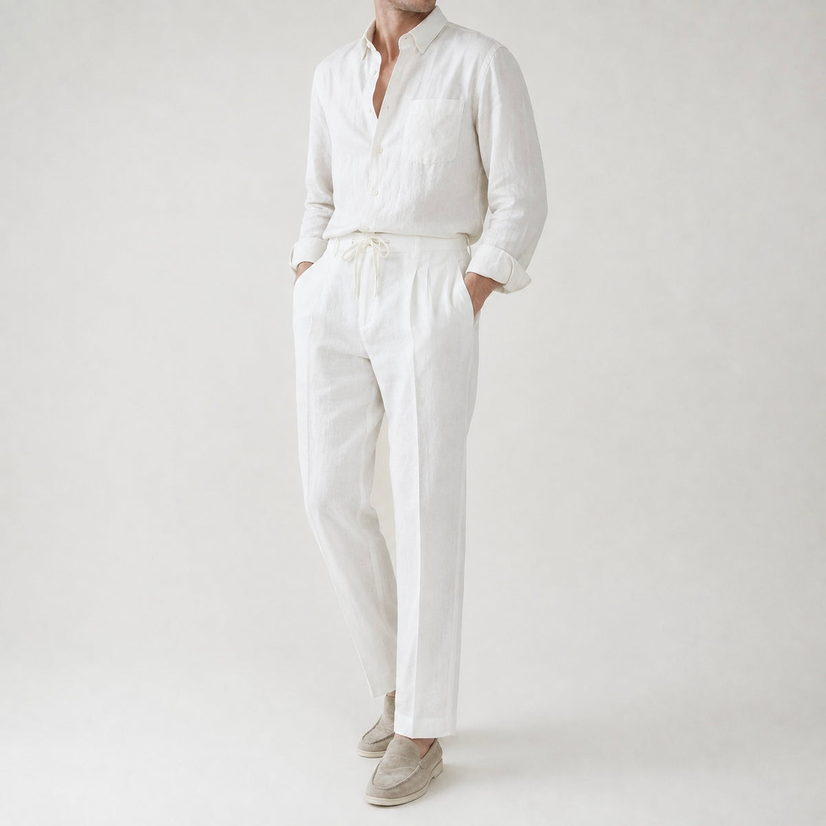 Men’s Dante Linen Pleated Straight Leg Drawstring Trousers