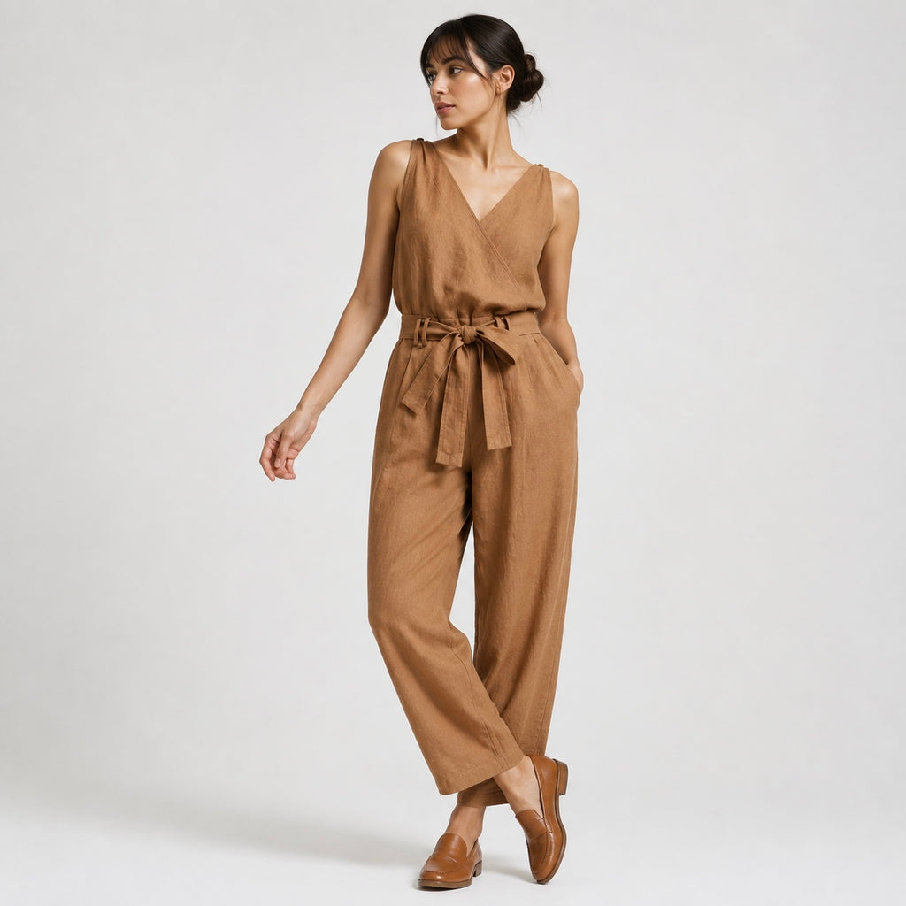 Women's Coralie Cropped Linen Jumpsuit with Bow Belt
