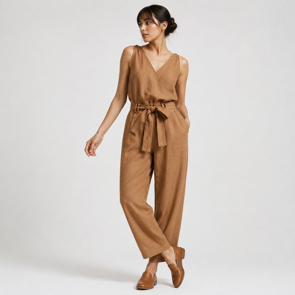 Women's Coralie Cropped Linen Jumpsuit with Bow Belt