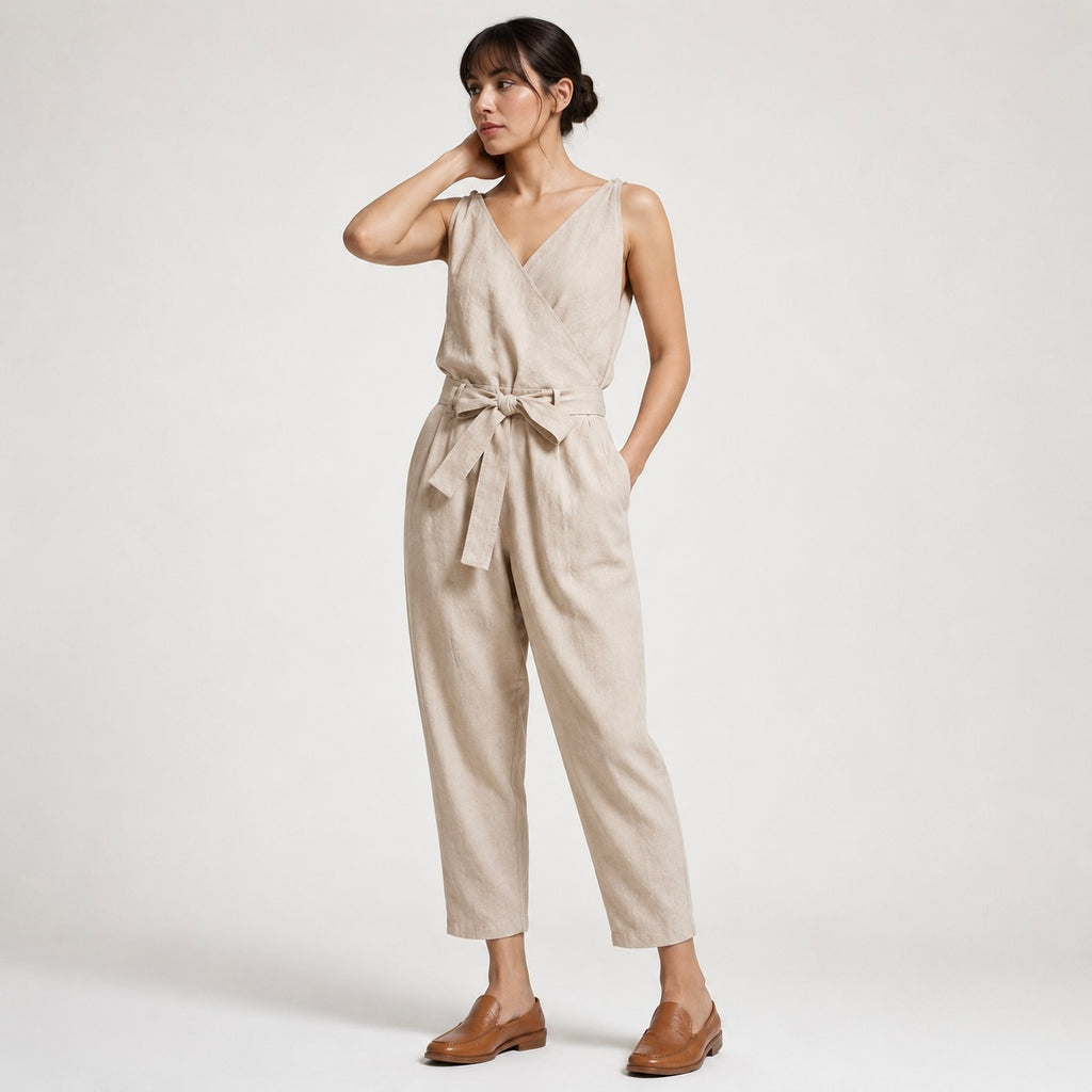 Women's Coralie Cropped Linen Jumpsuit with Bow Belt