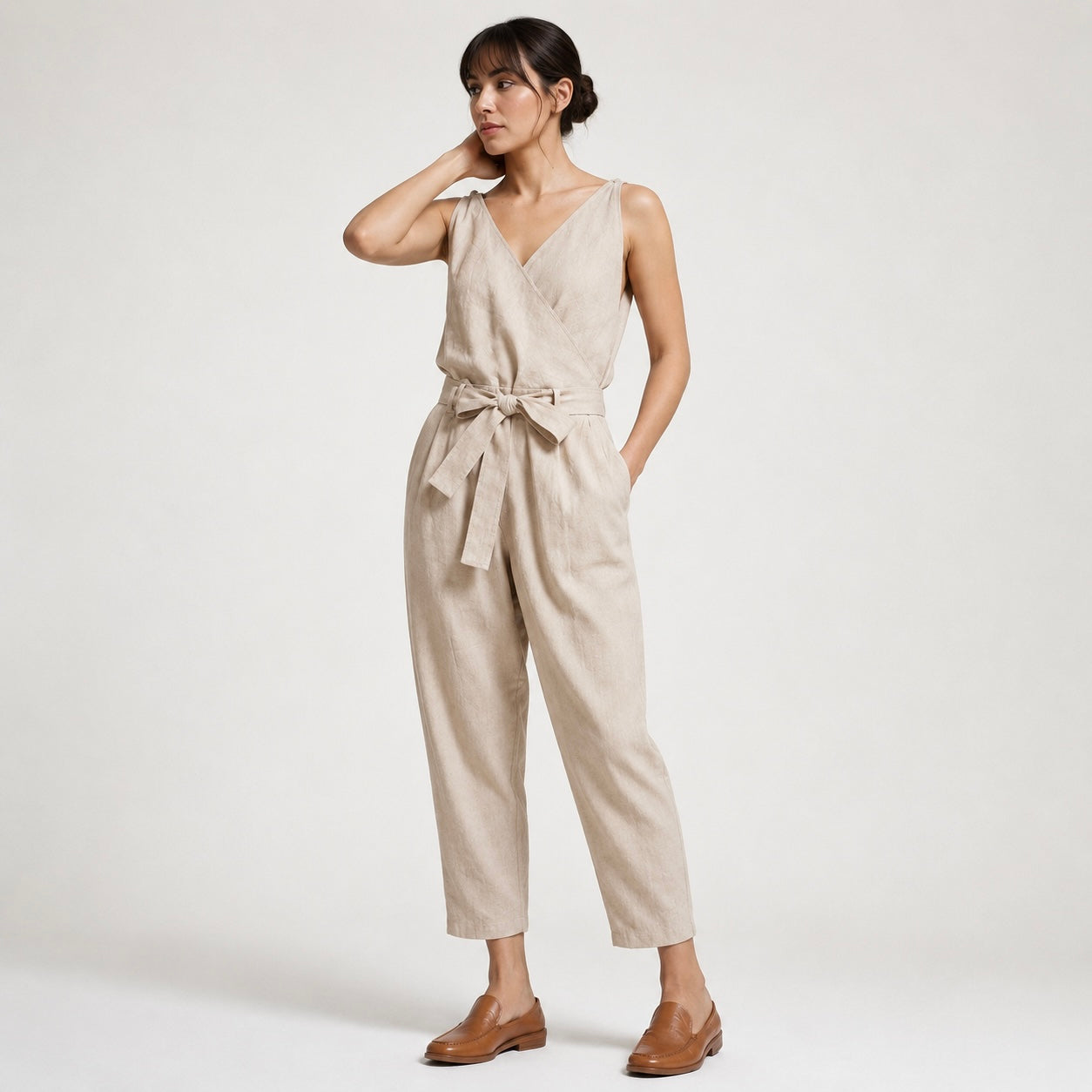 Women's Coralie Cropped Linen Jumpsuit with Bow Belt
