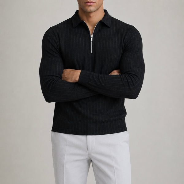 Men's Tavian Zip Stripped Long Sleeve Polo Shirt