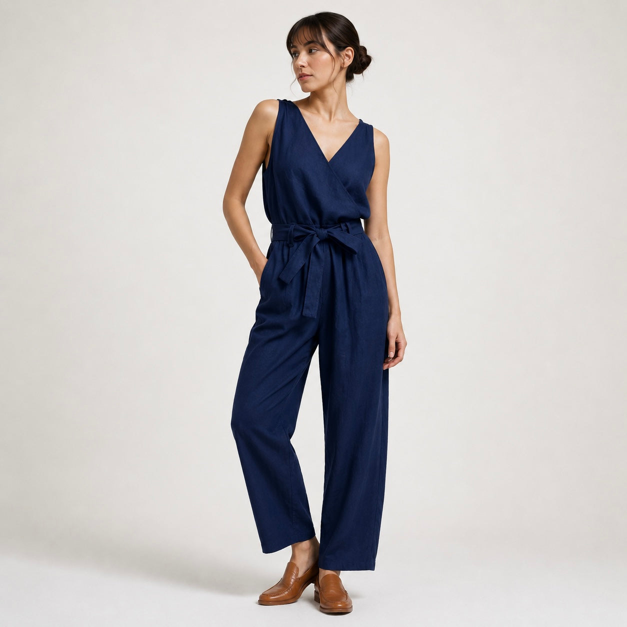 Women's Coralie Cropped Linen Jumpsuit with Bow Belt