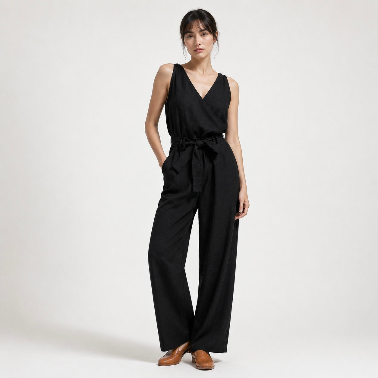 Women's Coralie Cropped Linen Jumpsuit with Bow Belt